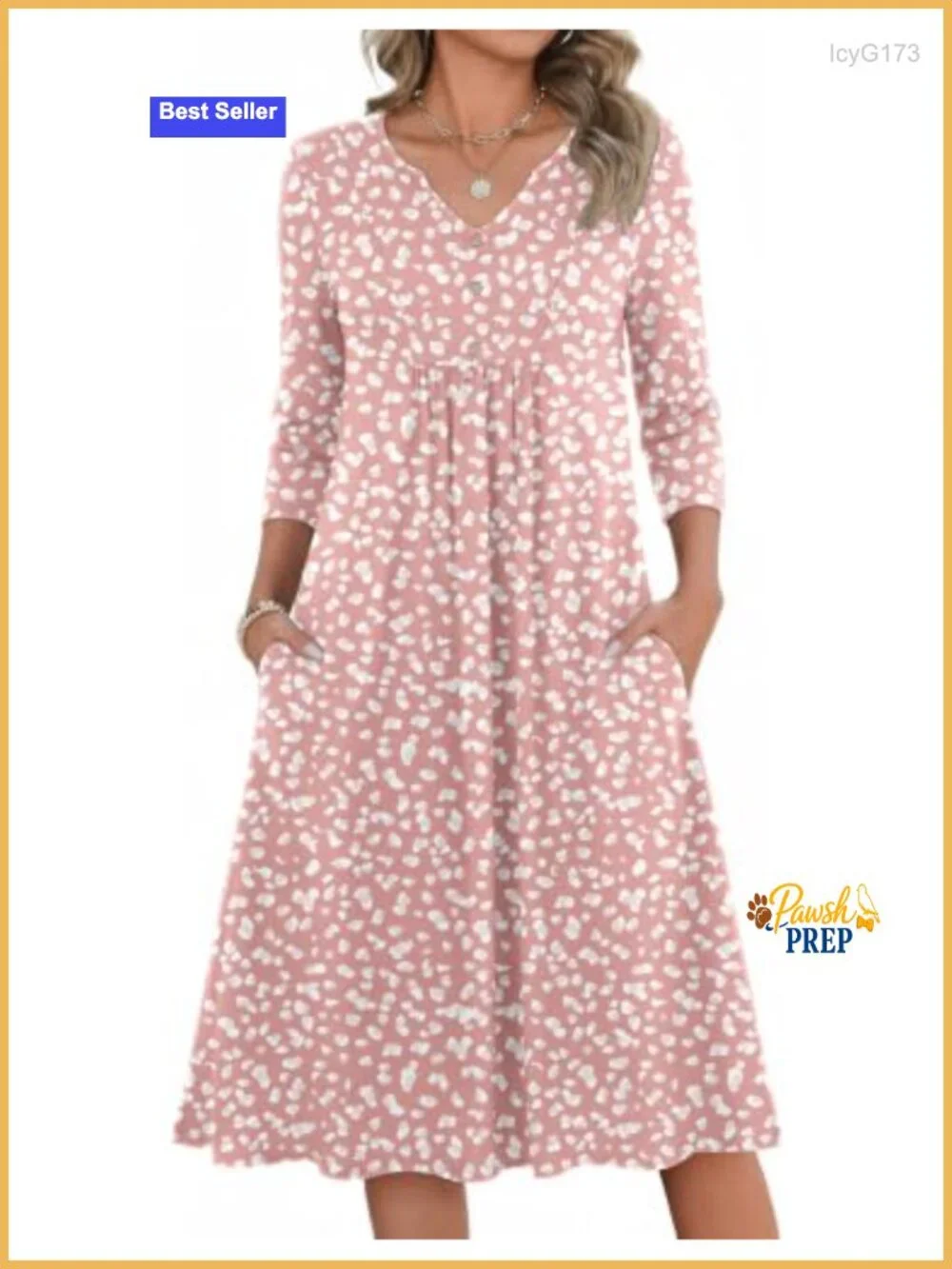 Women's 3/4 Sleeve Casual A-Line Midi Dress with Pockets V-Neck Empire Waist
